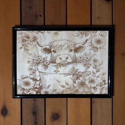 Framed artwork of a cow in a bucket with floral patterns on a wooden wall.