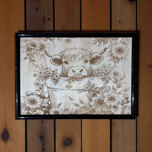 Framed artwork of a cow in a bucket with floral patterns on a wooden wall.