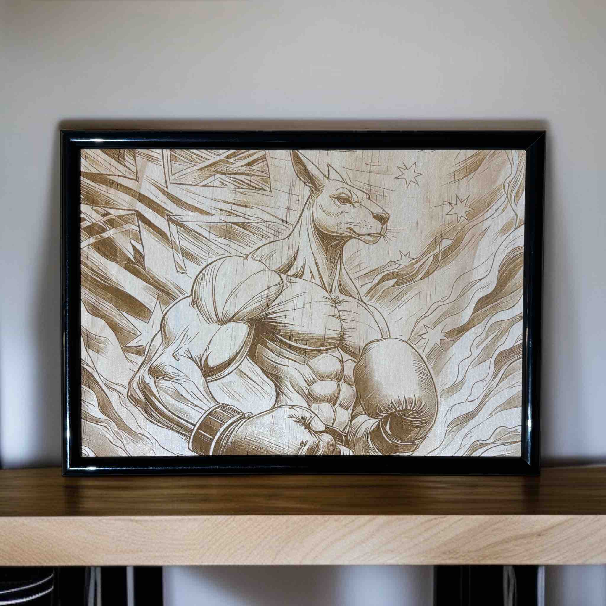 Boxing kangaroo Aussie pride wood engraved art in black frame, unique Australian decor by Laser Design Creations, Australia.