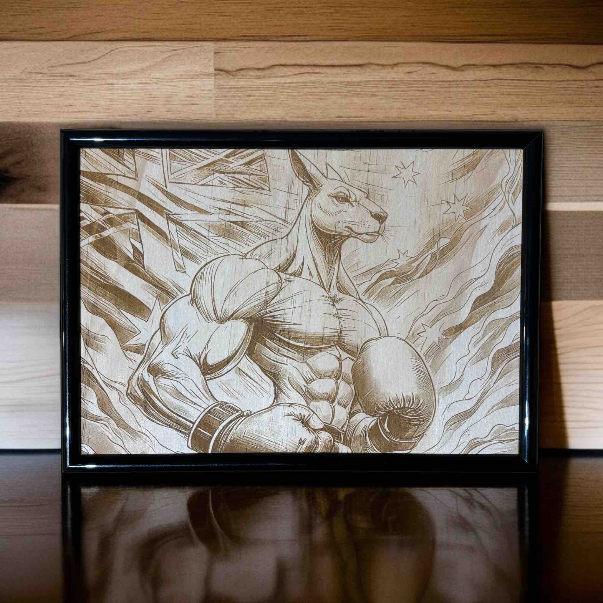 Boxing kangaroo and Aussie flag wood engraved sign displayed on timber shelf, sports fan wall art, Laser Design Creations, Australia.