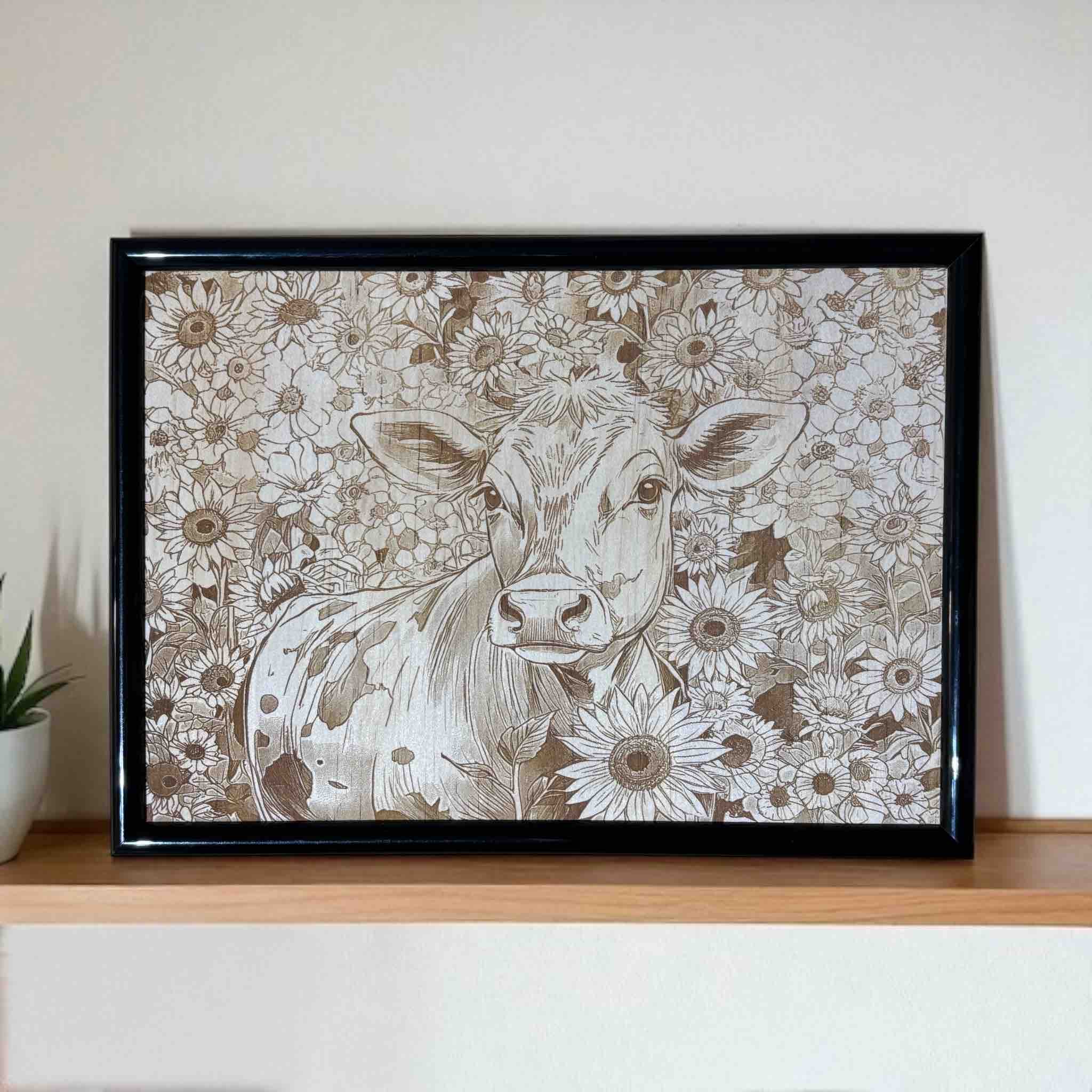 Framed artwork of a cow surrounded by floral patterns on a wooden shelf.