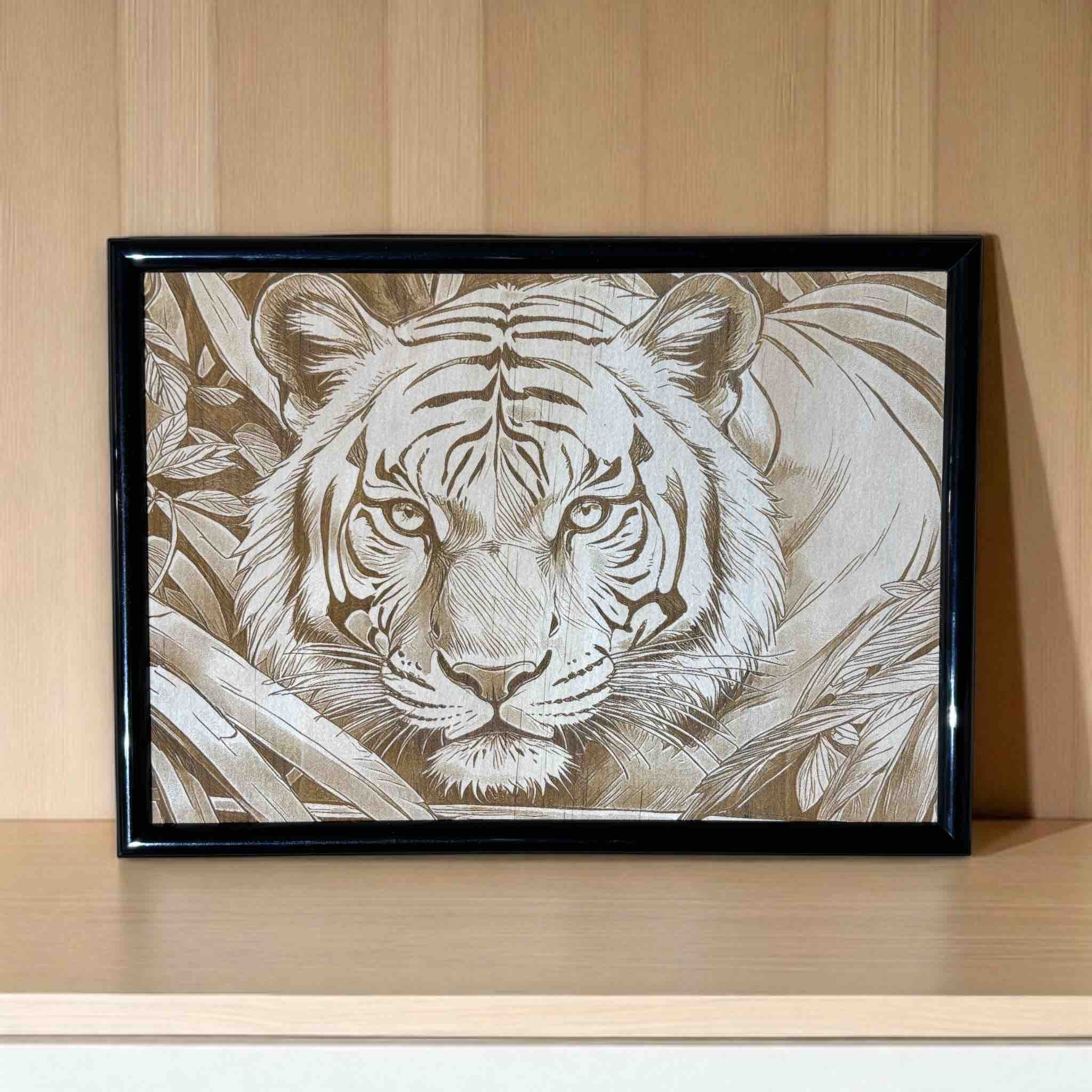 Framed artwork of a tiger's face on a wooden surface with a wooden wall background