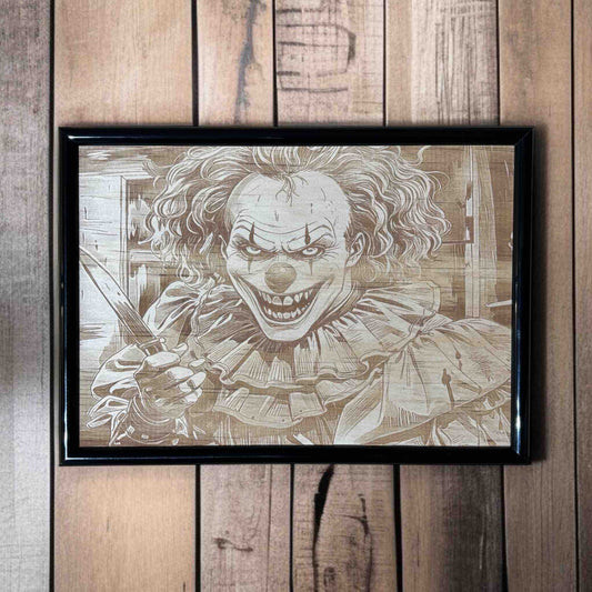 Framed artwork of a clown with a knife on a wooden wall.