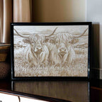 Rustic farmhouse wall art of two Highland cows in field - Laser Design Creations.