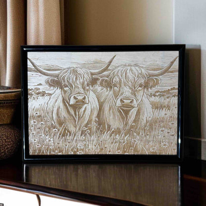 Framed artwork of two highland cows in a field on a wooden surface.