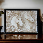 Framed artwork of two horses with floral patterns on a wooden surface.