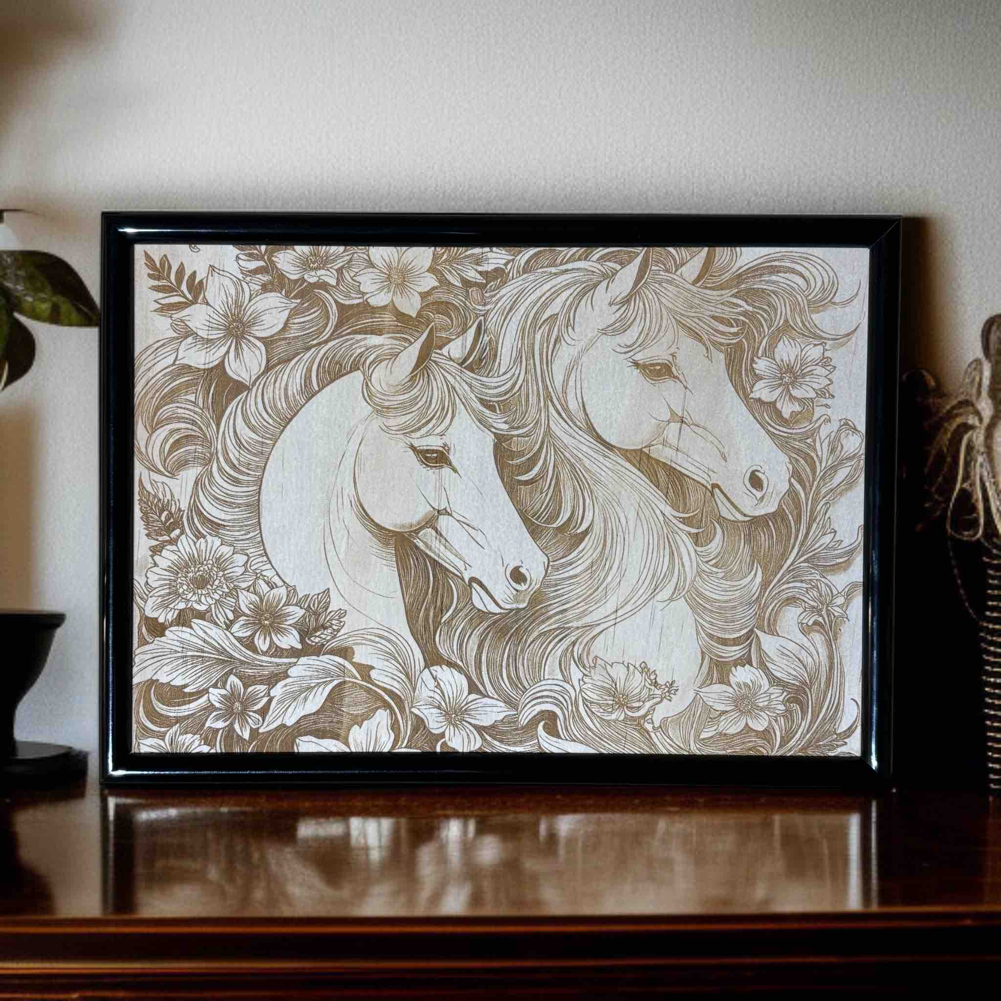 Framed artwork of two horses with floral patterns on a wooden surface.