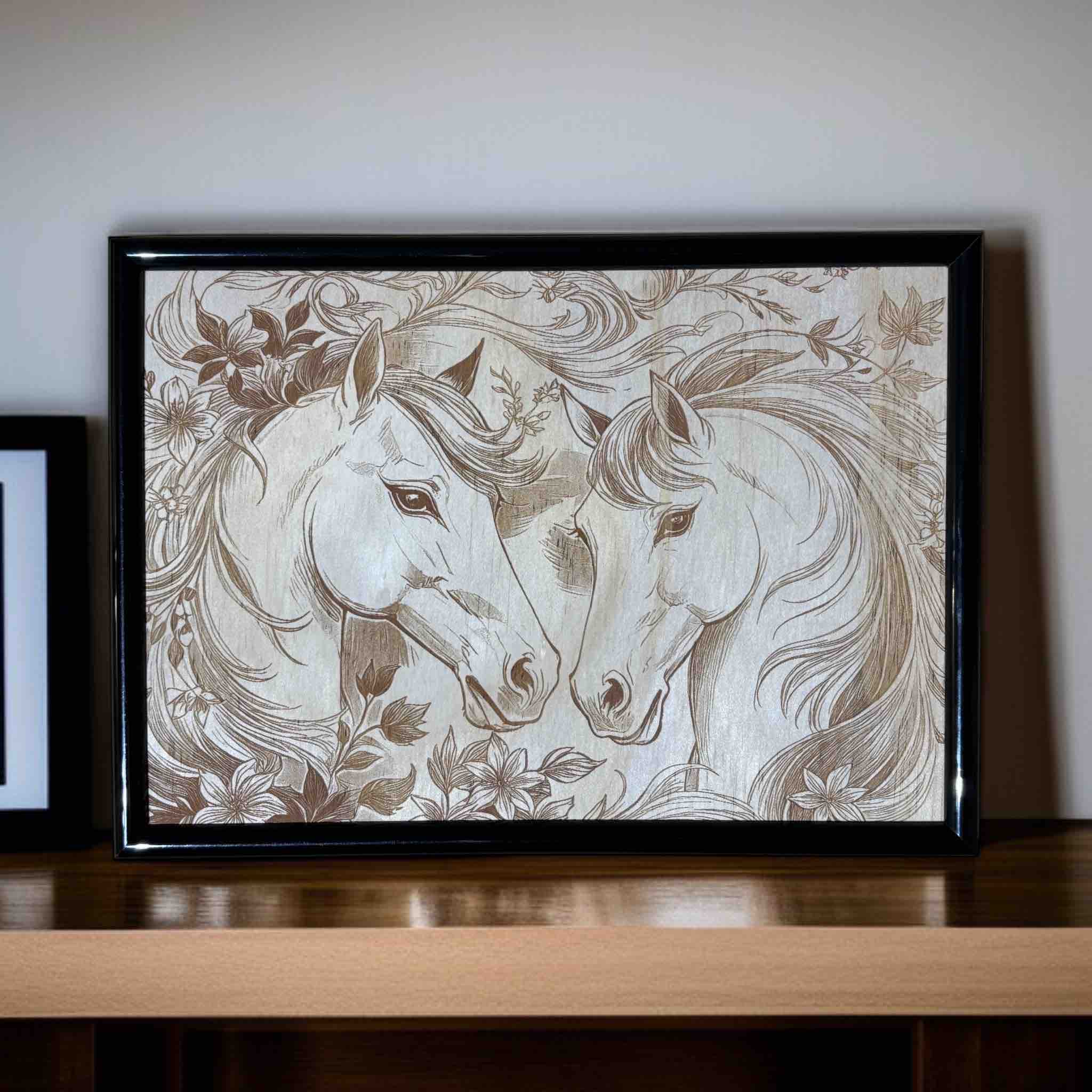 Framed artwork of two horses with floral elements on a wooden surface.