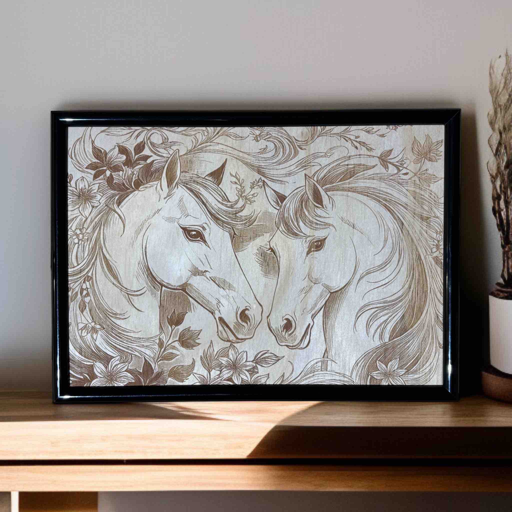Framed artwork of two horses with floral elements on a wooden surface.