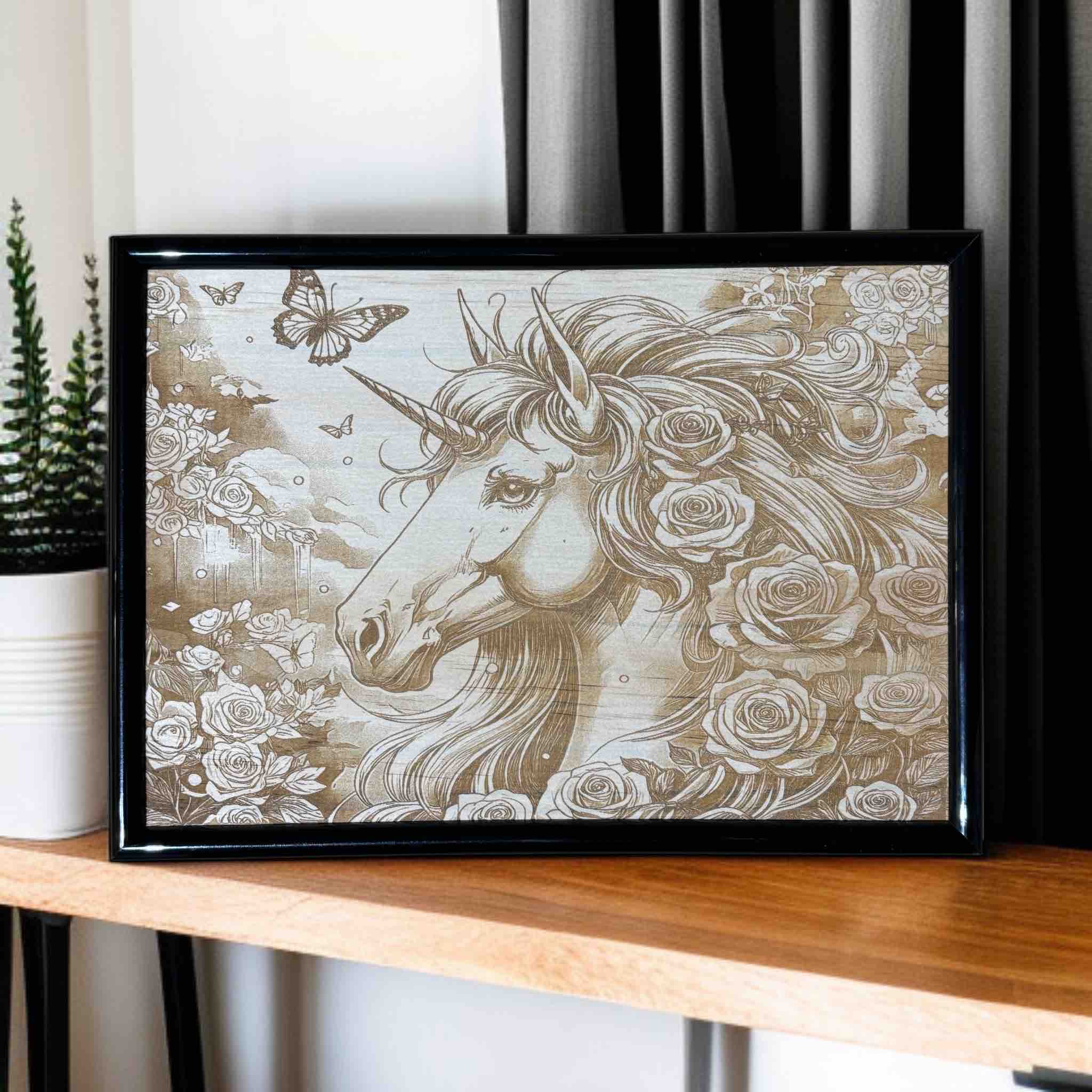 Unicorn with roses and butterflies wood engraved sign displayed on wooden shelf, whimsical wall art for bedroom, Laser Design Creations, Australia.