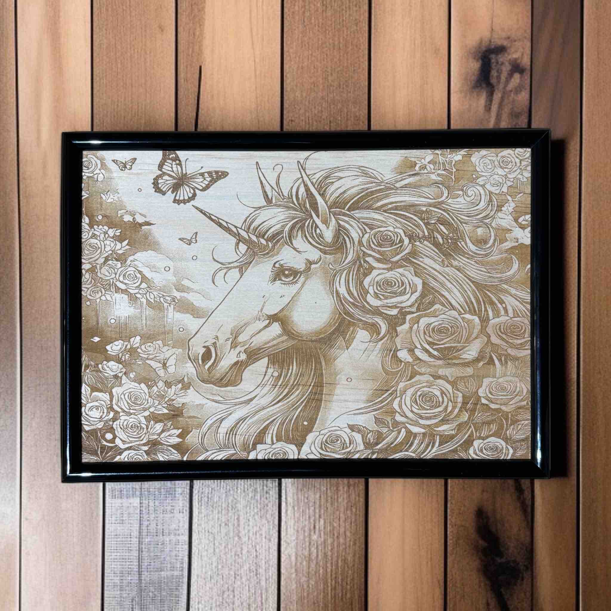Unicorn and roses wood engraved art in black frame, fantasy floral decor by Laser Design Creations, Australia.
