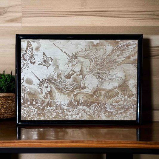 Framed artwork of unicorns and butterflies on a wooden surface with a wooden wall background.