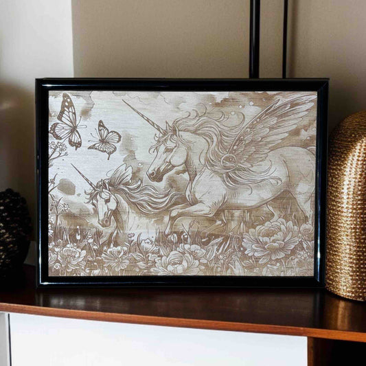 Framed artwork of unicorns and butterflies on a wooden surface