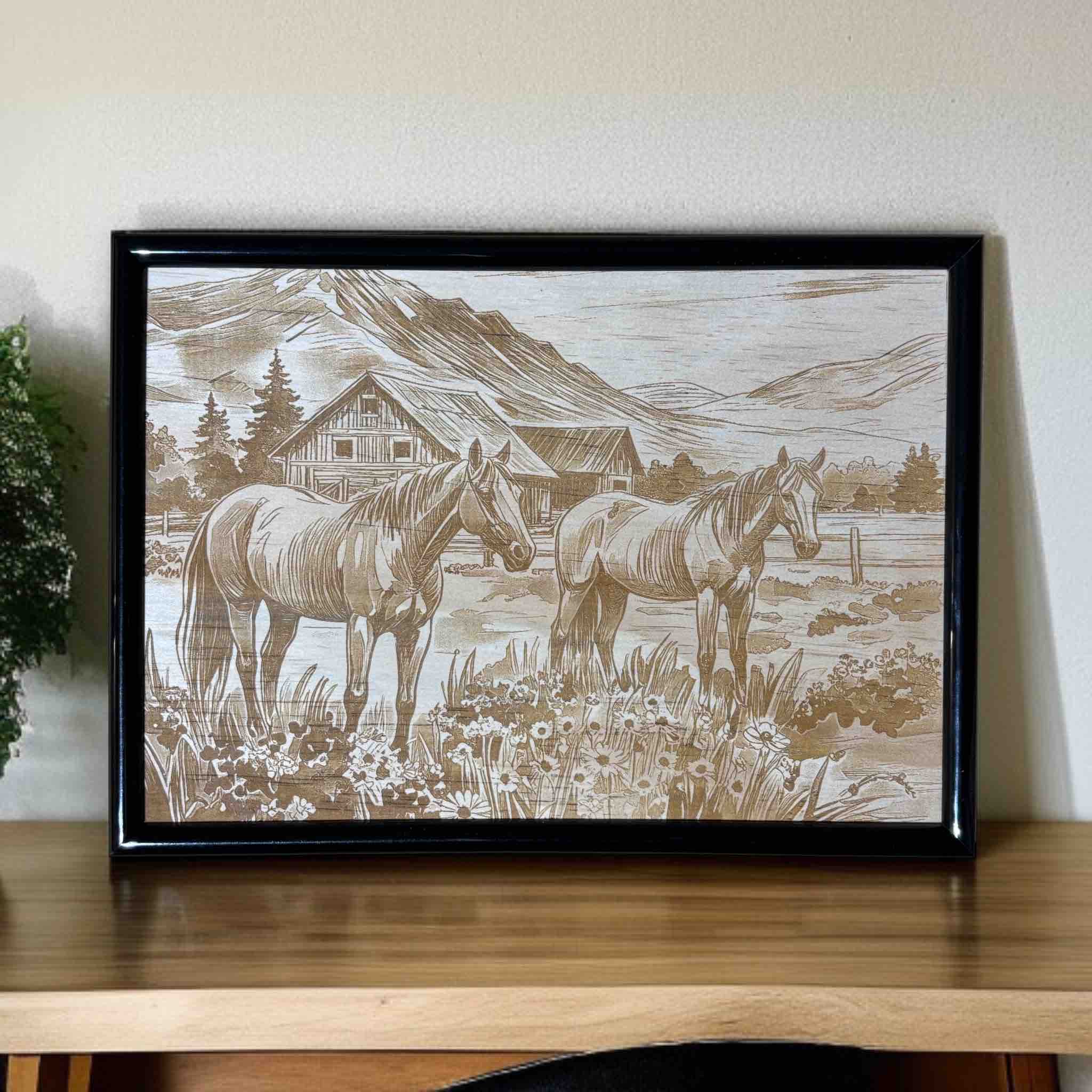 Horses at the barn wood engraved art in black frame, country landscape decor by Laser Design Creations, Australia.