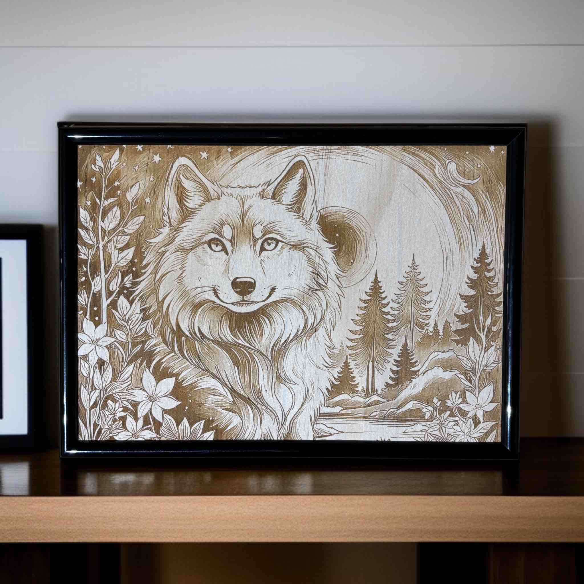 Wolf moonlit forest laser engraved wooden wall art – Laser Design Creations.