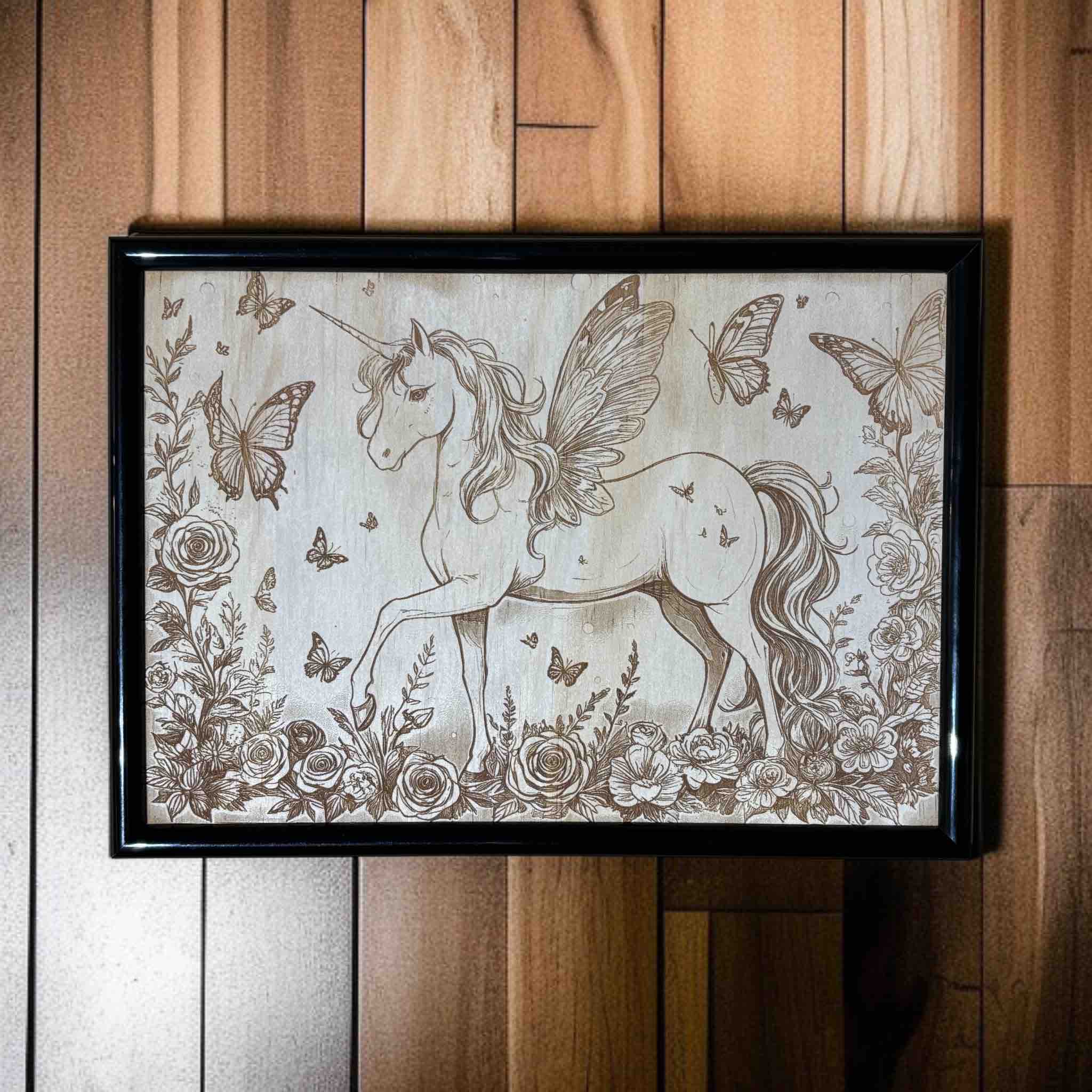 Butterfly winged unicorn wood engraved art in black frame, fantasy decor by Laser Design Creations, Australia.
