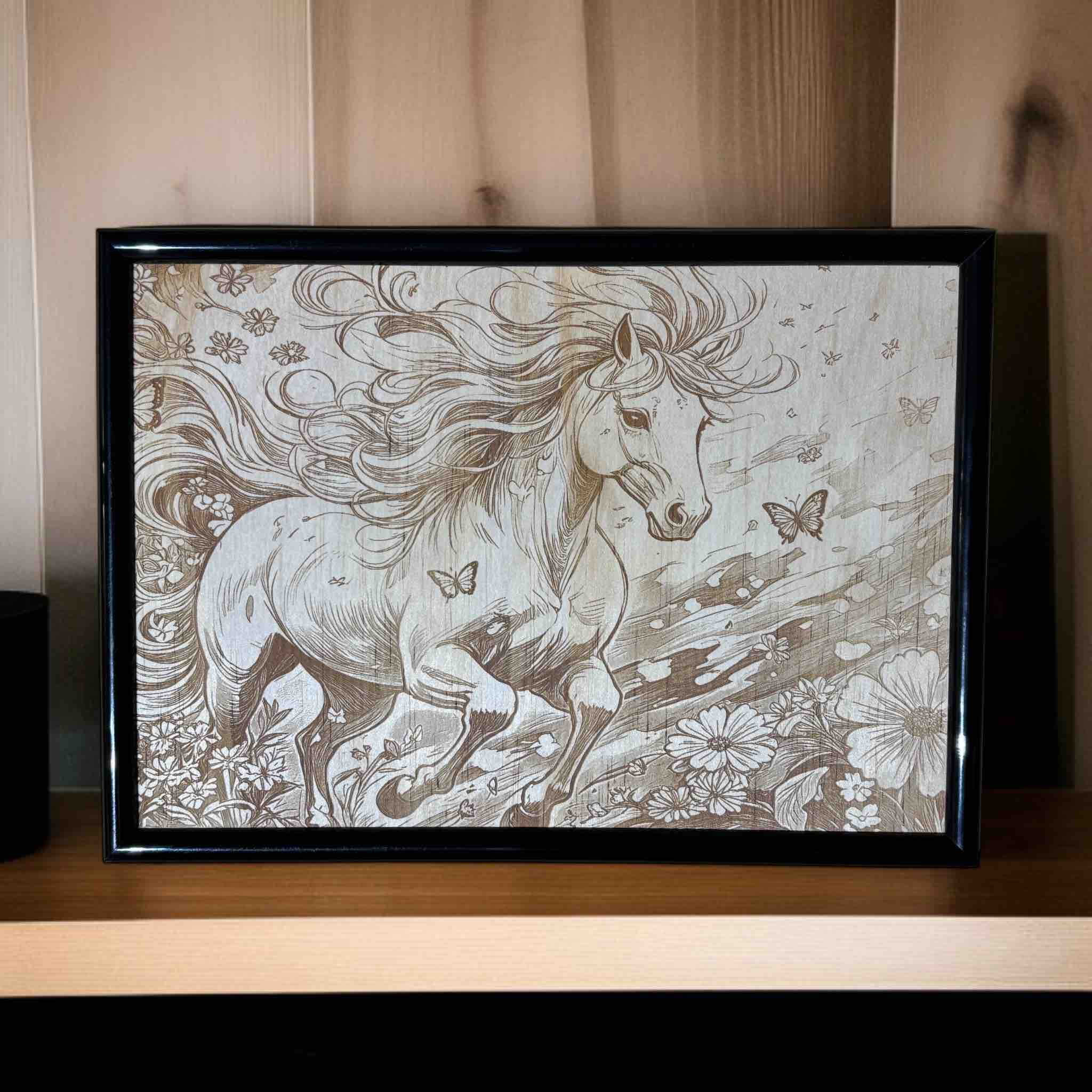 Horse running with butterflies wood engraved sign displayed on timber shelf, equestrian wall art for home, Laser Design Creations, Australia.