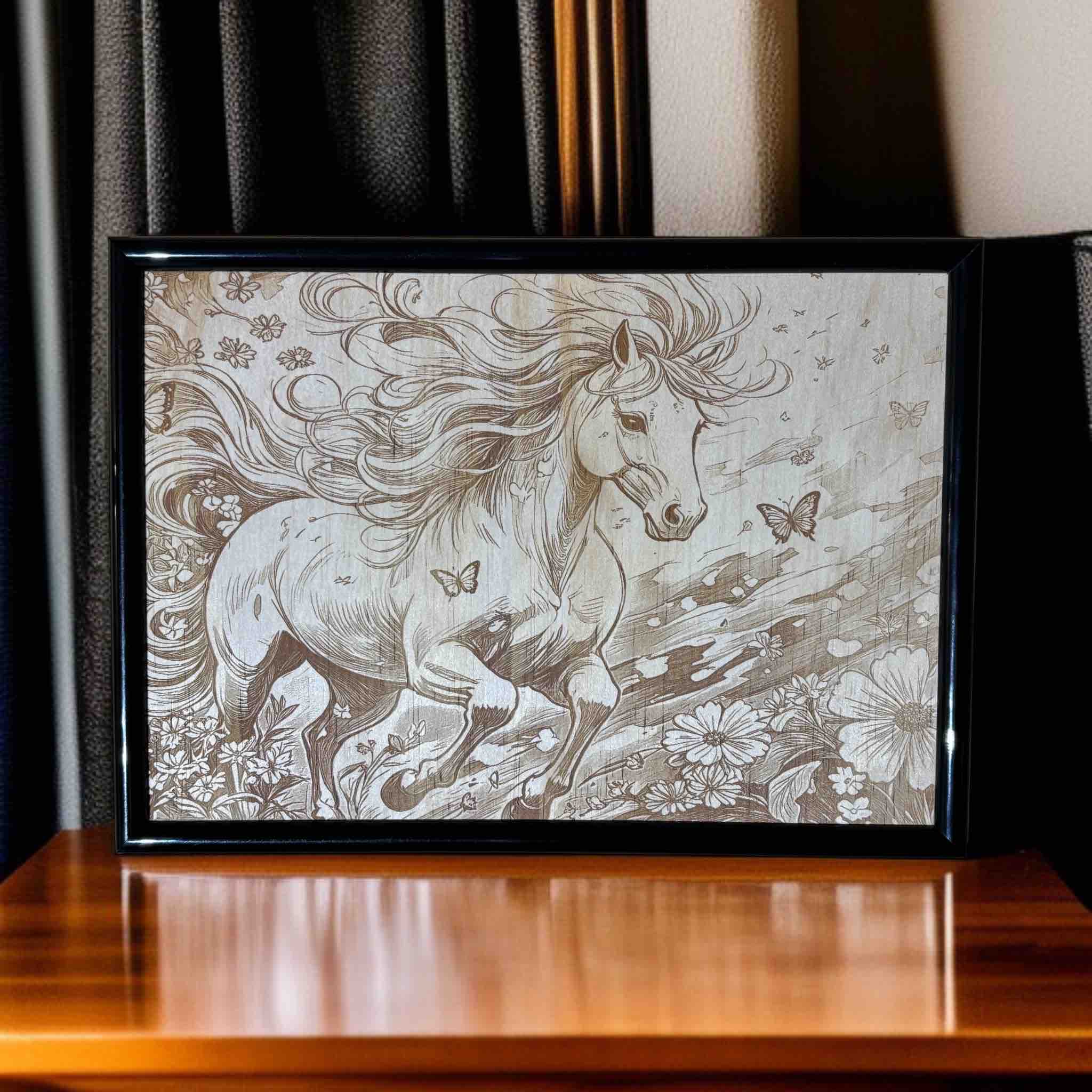 Galloping horse and butterflies wood engraved art in black frame, nature decor by Laser Design Creations, Australia.