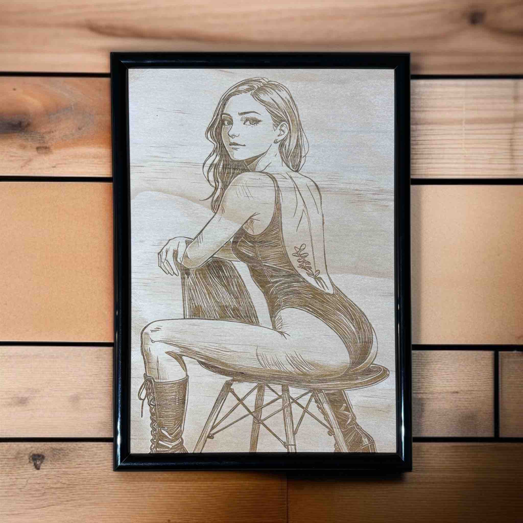 Modern woman portrait wood engraved art in black frame, contemporary decor by Laser Design Creations, Australia.