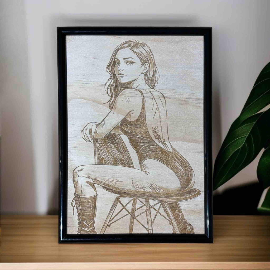 Woman in bodysuit wood engraved sign displayed on timber shelf, modern artistic wall art, Laser Design Creations, Australia.