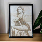 Woman in bodysuit wood engraved sign displayed on timber shelf, modern artistic wall art, Laser Design Creations, Australia.