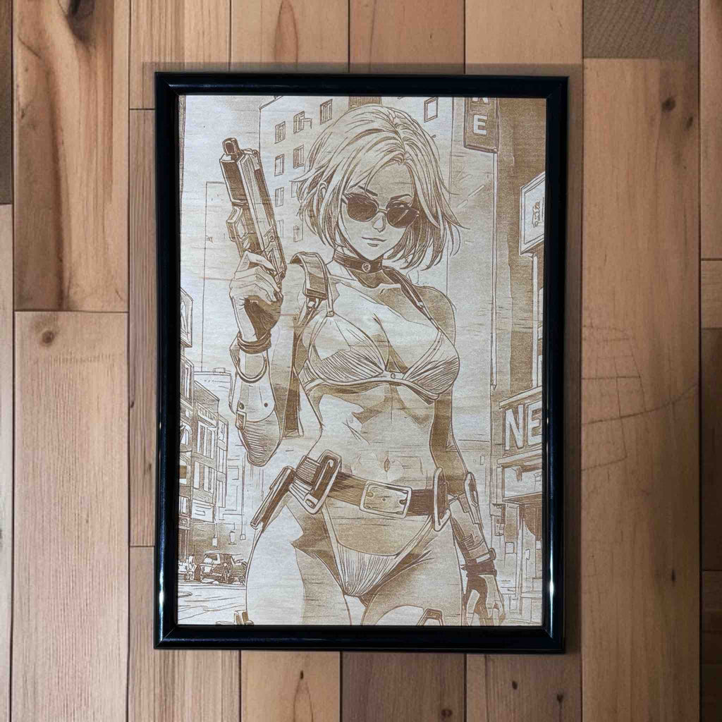 Action heroine cityscape wood engraved art in black frame, modern wall decor by Laser Design Creations, Australia.