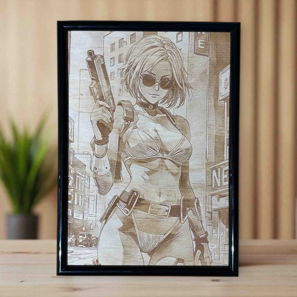 Female action hero wood engraved sign displayed on timber table, comic-inspired wall art for home, Laser Design Creations, Australia.
