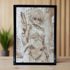 Female action hero wood engraved sign displayed on timber table, comic-inspired wall art for home, Laser Design Creations, Australia.