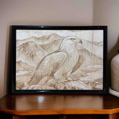 Framed artwork of an eagle with mountain landscape