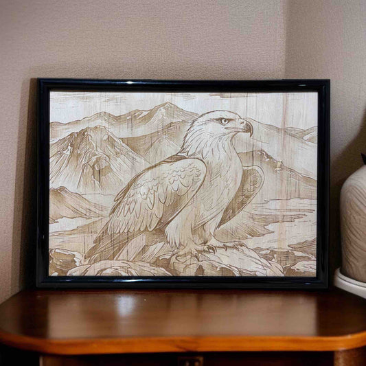 Framed artwork of an eagle with mountain landscape