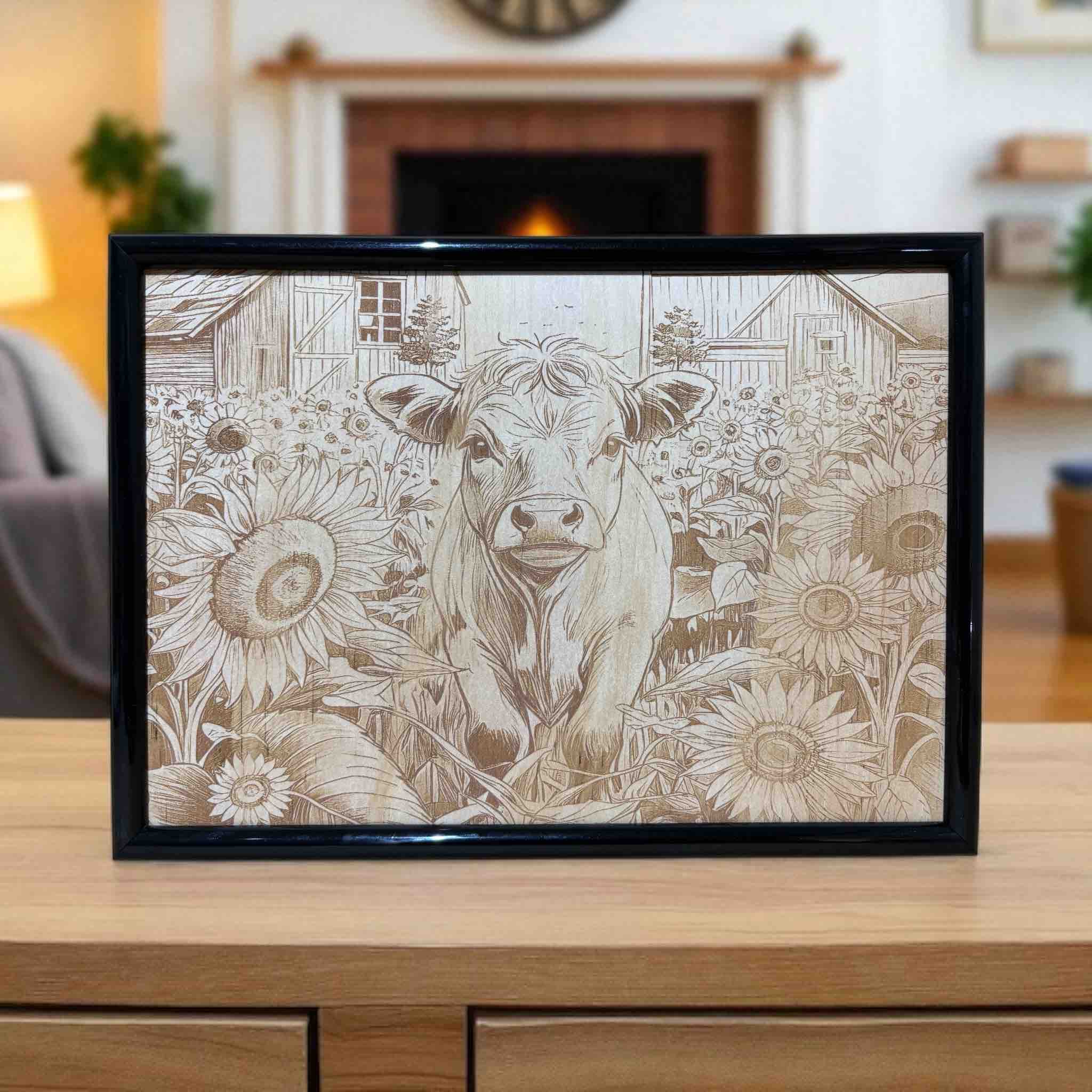 Cow and sunflowers wood engraved sign displayed on timber table with cosy lounge, country animal wall art, Laser Design Creations, Australia.
