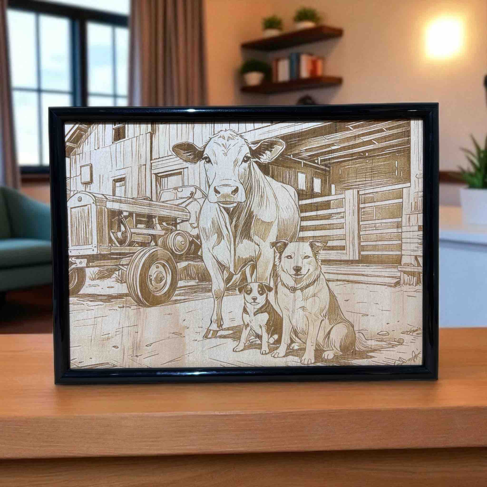 Cow and two dogs wood engraved sign displayed on timber table, farmhouse animal wall art, Laser Design Creations, Australia.
