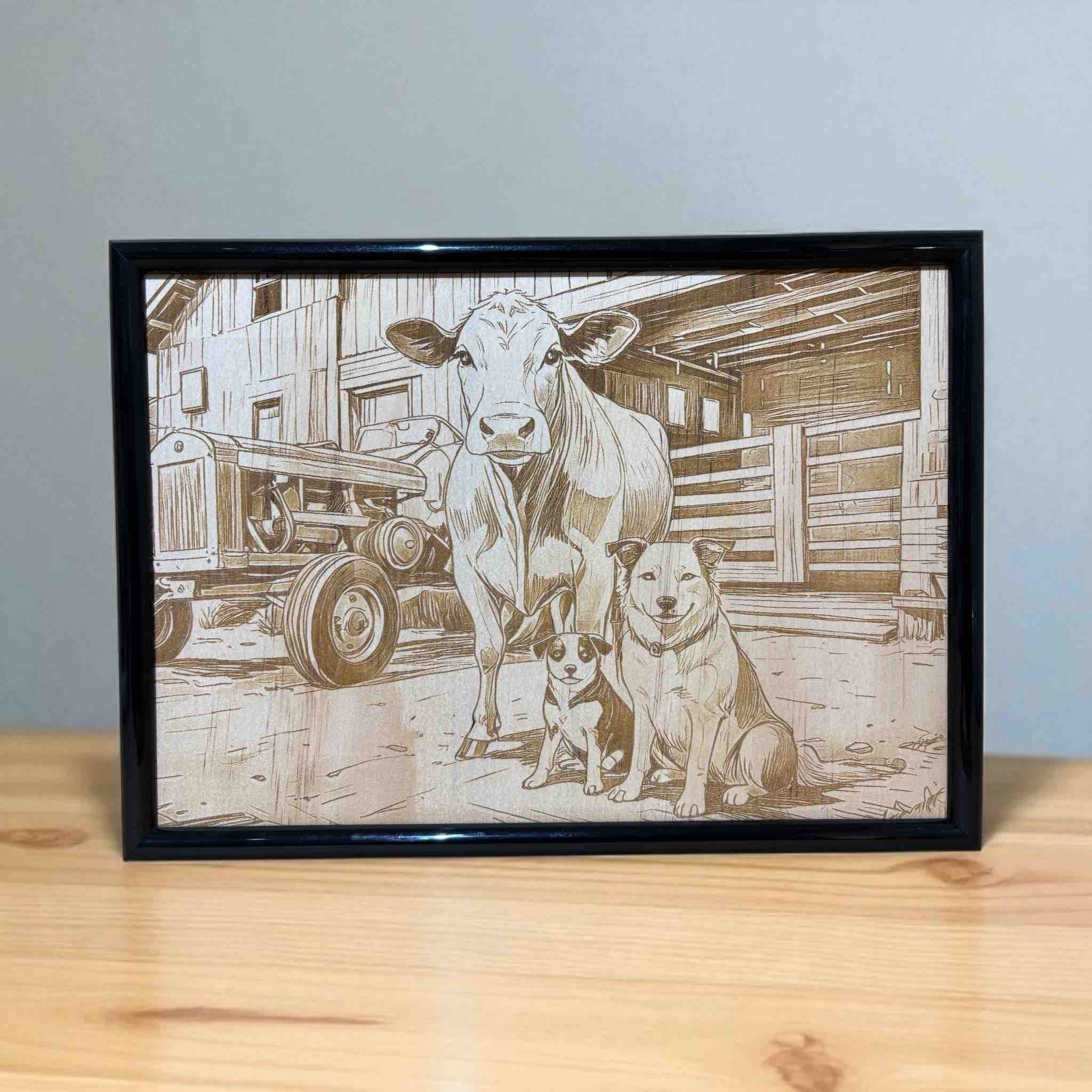 Farmyard friends wood engraved art in black frame, rustic animal decor with cow and dogs by Laser Design Creations, Australia.