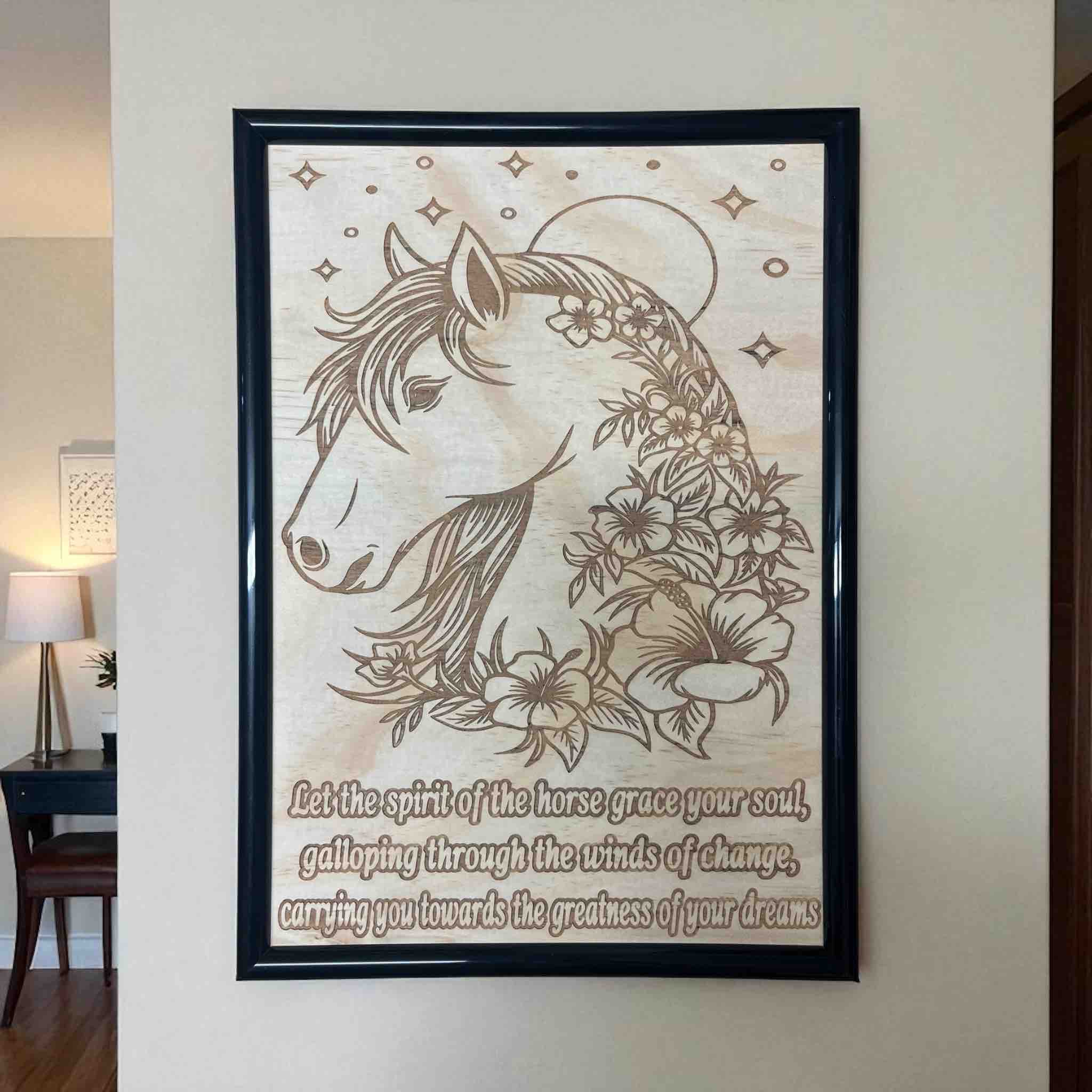 Floral spirit horse wood engraved art in black frame, inspirational horse and flower design with quote, Laser Design Creations, Australia.