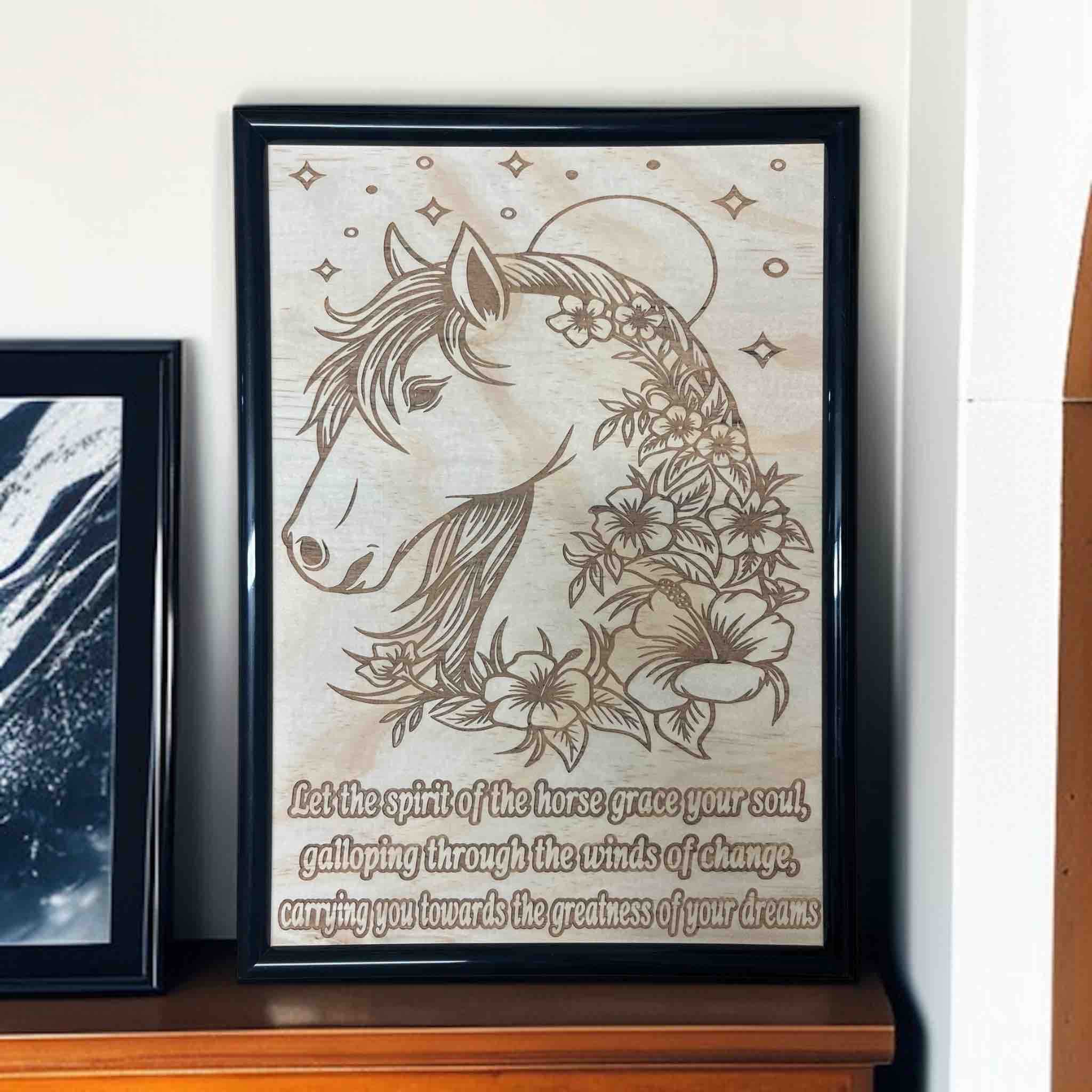 Floral spirit horse wood engraved sign displayed on a mantle, inspirational horse decor for home, Laser Design Creations, Australia.