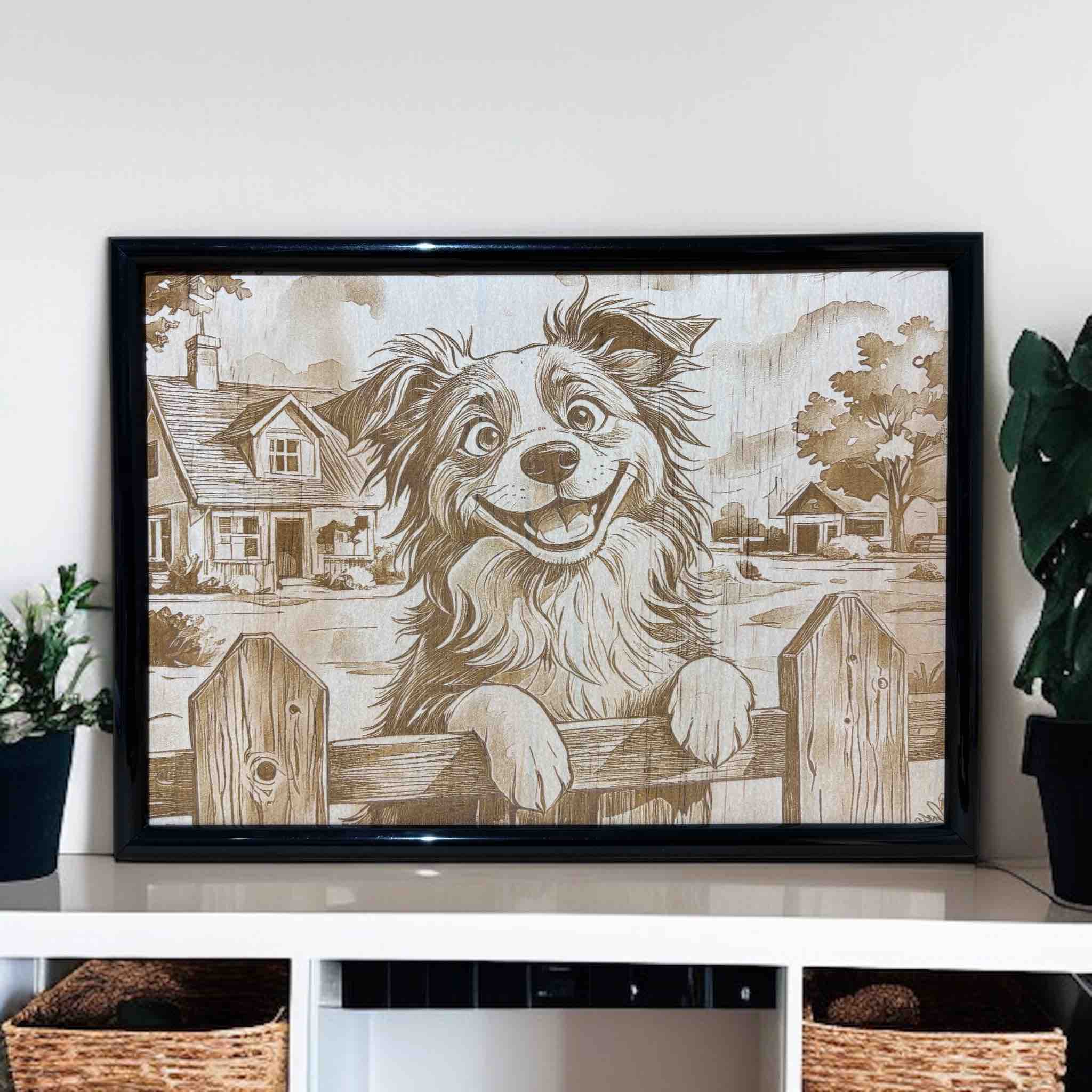 Border collie dog wood engraved sign displayed on timber table, cheerful farmhouse wall art, Laser Design Creations, Australia.