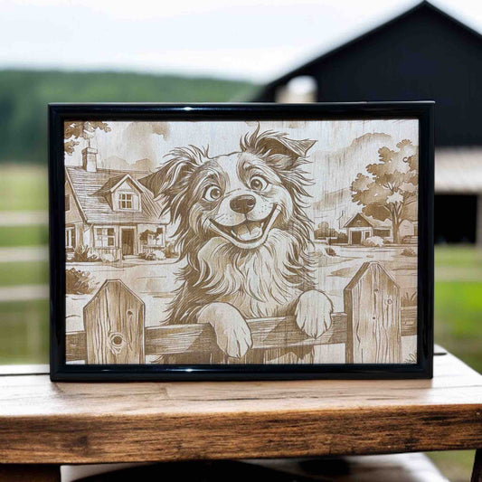 Border collie dog wood engraved sign displayed outdoors on timber table, cheerful farmhouse wall art, Laser Design Creations, Australia.