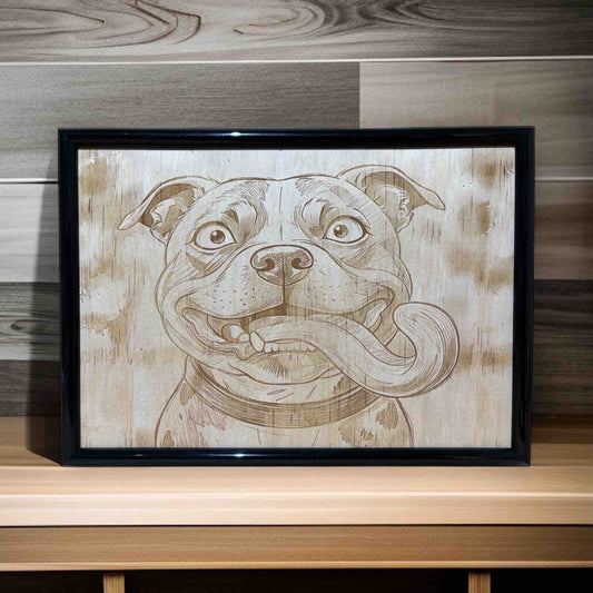 Quirky Staffy dog wood engraved sign displayed on timber shelf, humorous Staffy wall art for home, Laser Design Creations, Australia.