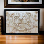 Goofy Staffy wood engraved art in black frame, funny dog lover decor by Laser Design Creations, Australia.