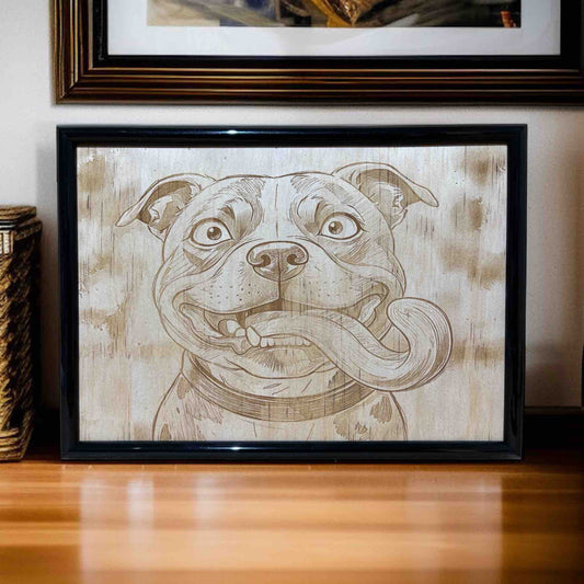 Goofy Staffy wood engraved art in black frame, funny dog lover decor by Laser Design Creations, Australia.