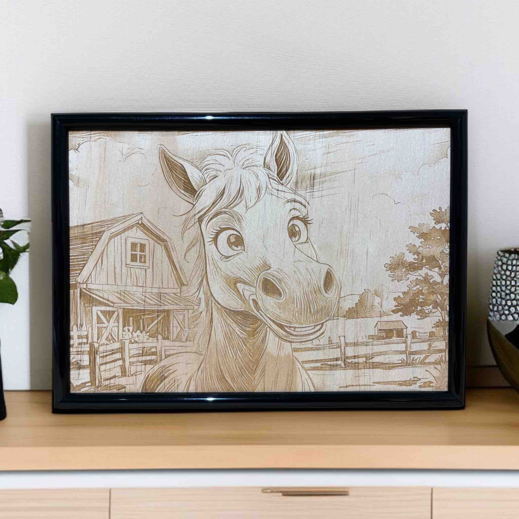 Smiling cartoon horse wood engraved sign displayed on cabinet, playful nursery wall art, Laser Design Creations, Australia.