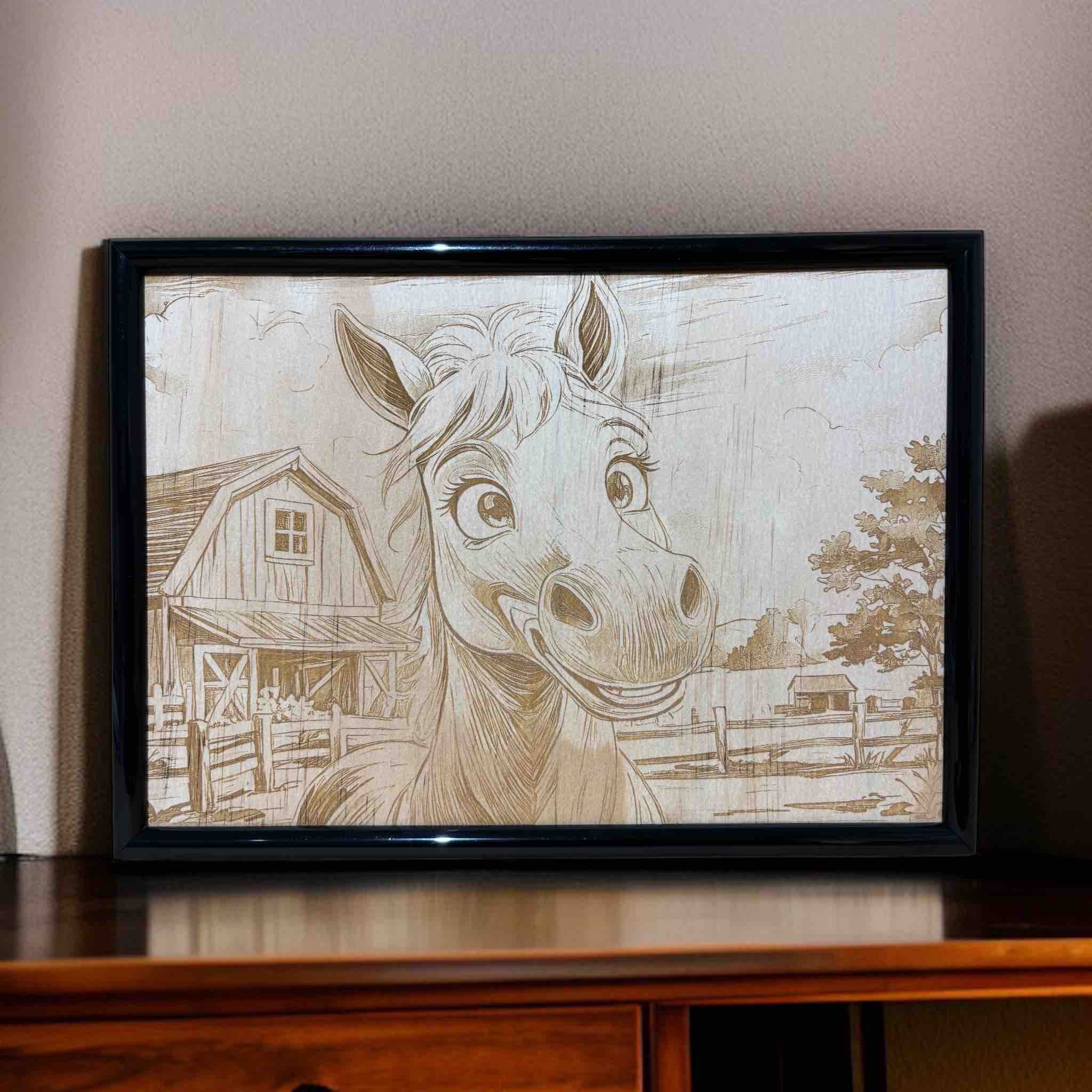 Cheerful cartoon horse wood engraved art in black frame, kids room decor by Laser Design Creations, Australia.