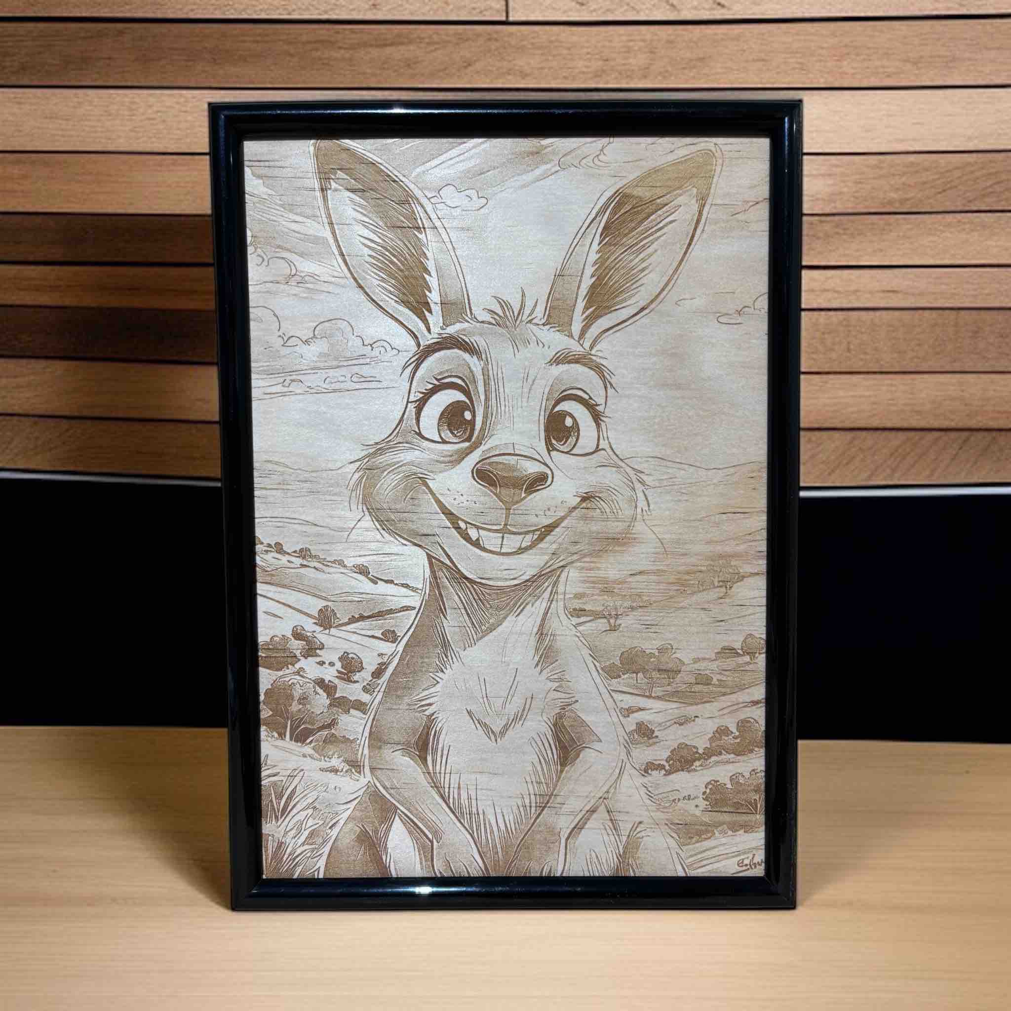 Cartoon kangaroo wood engraved sign displayed on timber shelf, playful Australian wildlife wall art, Laser Design Creations, Australia.