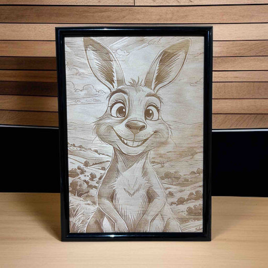Cartoon kangaroo wood engraved sign displayed on timber shelf, playful Australian wildlife wall art, Laser Design Creations, Australia.