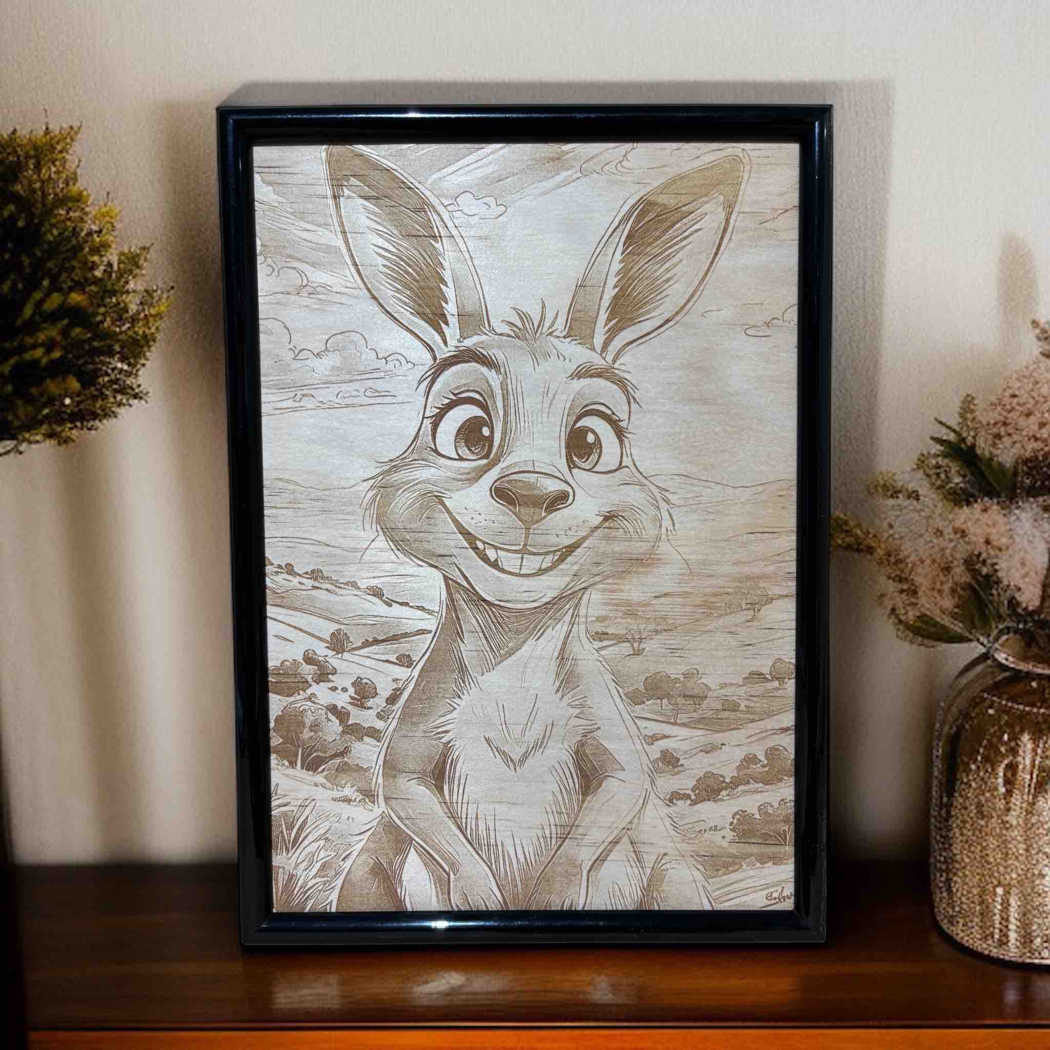 Smiling kangaroo wood engraved art in black frame, Aussie animal decor by Laser Design Creations, Australia.