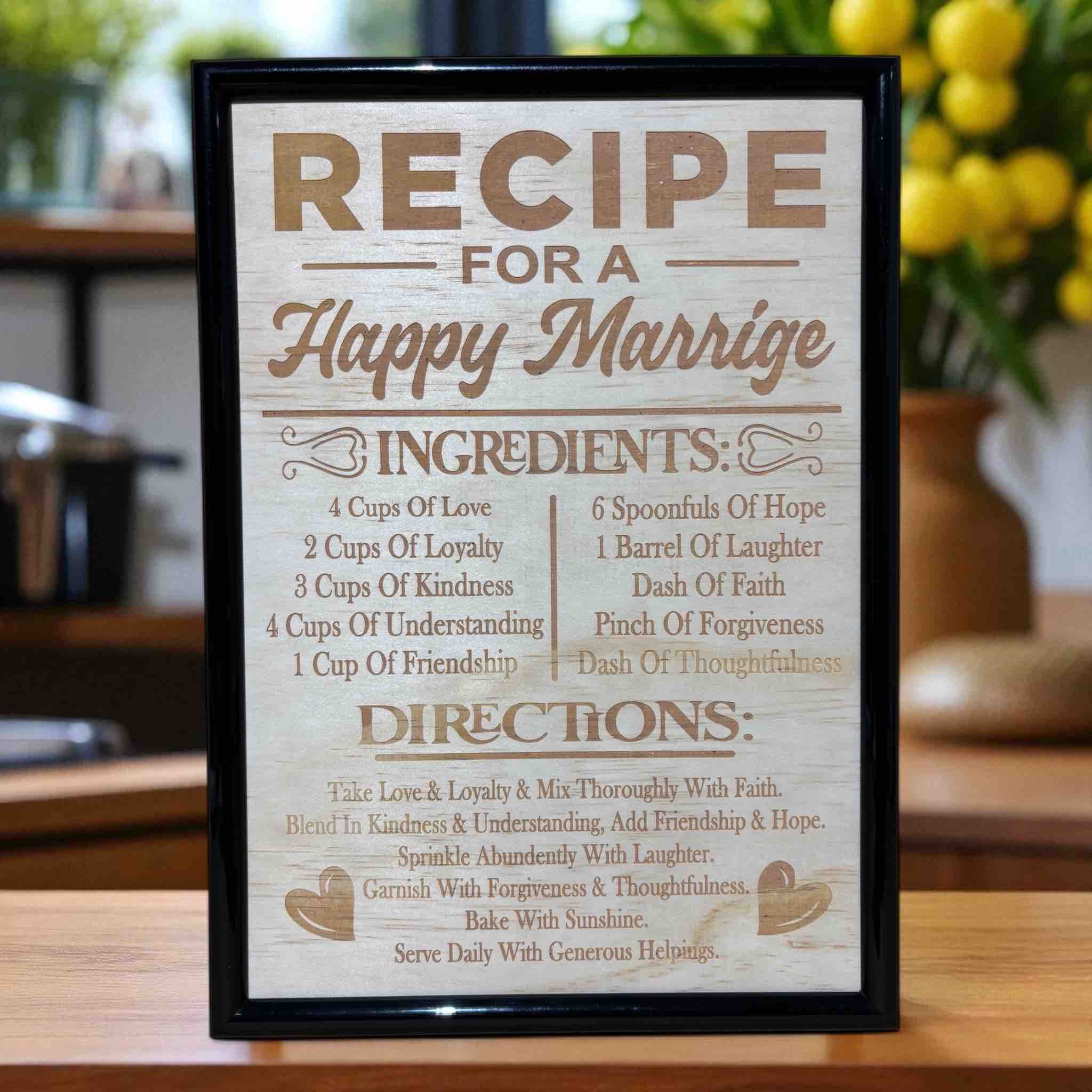 Recipe for a Happy Marriage wood engraved art in black frame, wedding gift decor by Laser Design Creations, Australia.