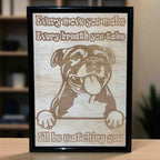 Staffy “I’ll be watching you” wood engraved sign displayed on wooden table, humorous Staffy dog wall decor, Laser Design Creations, Australia.