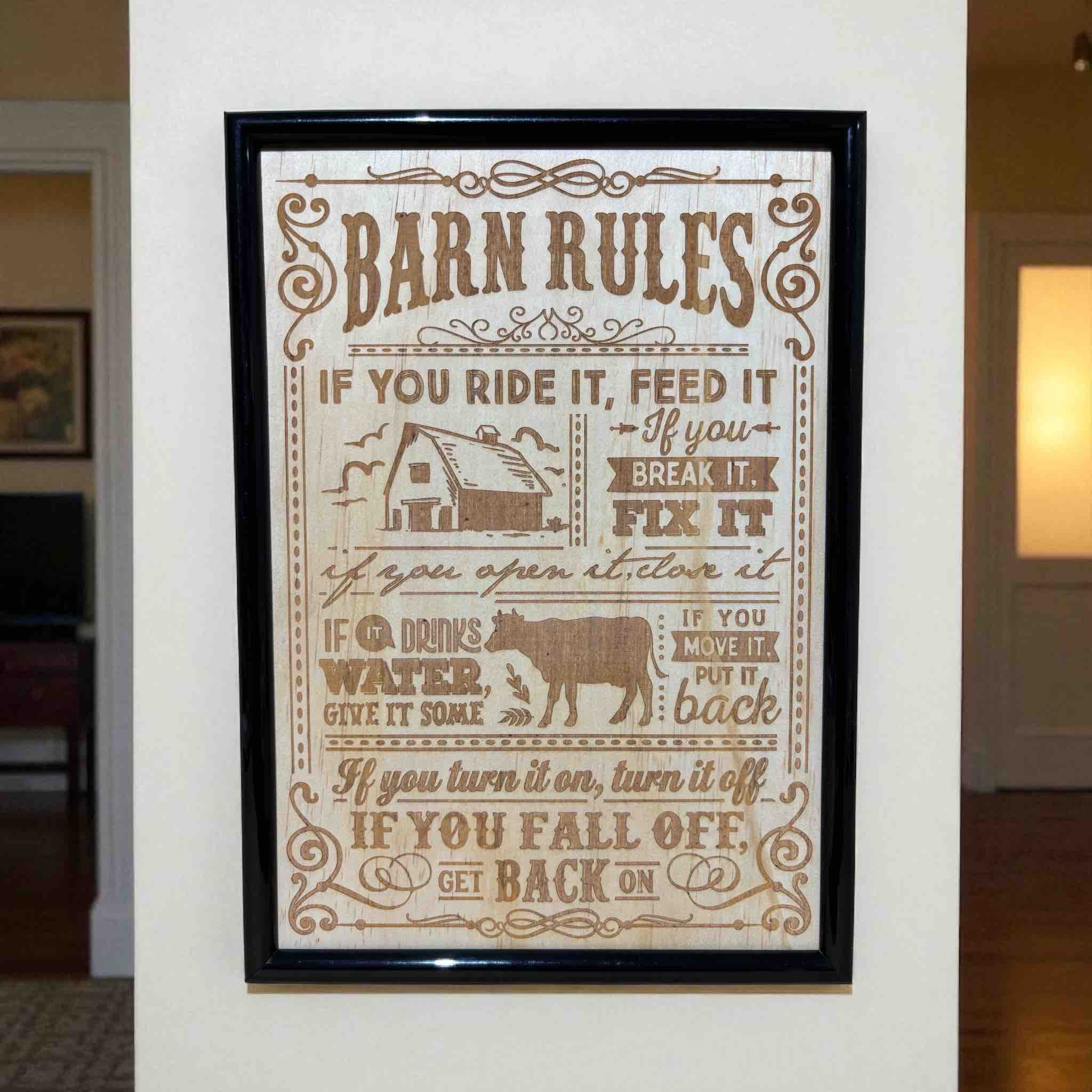 Barn Rules wood engraved art in black frame, rustic farmhouse decor by Laser Design Creations, Australia.