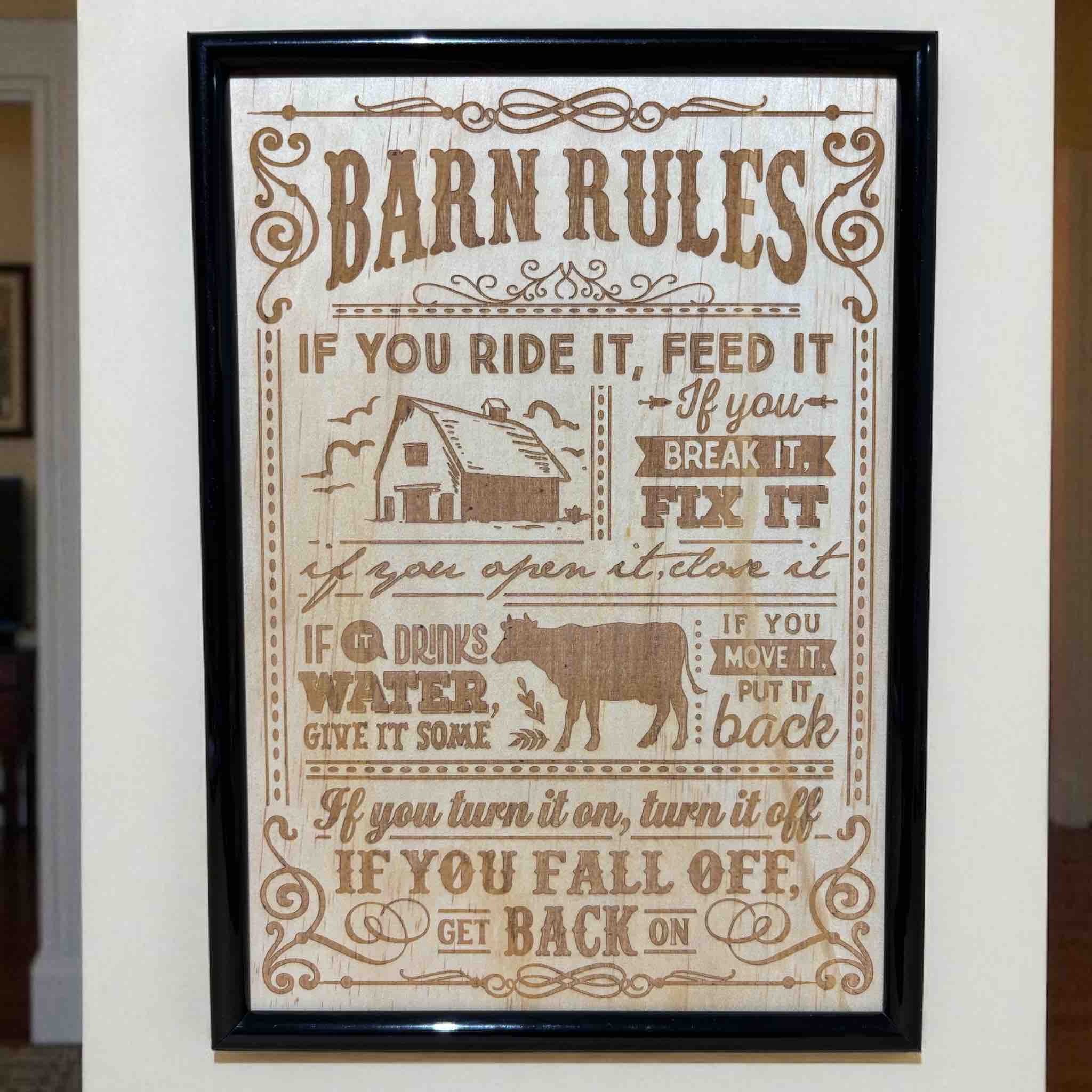 Barn Rules wood engraved art design in black frame, rustic farmhouse decor by Laser Design Creations, Australia.