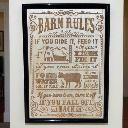 Barn Rules wood engraved art design in black frame, rustic farmhouse decor by Laser Design Creations, Australia.